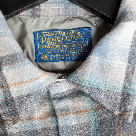 SOLD - Pendleton Vintage Wool Board Shirt - Blue Gray Tan - Size S/M - Picture 10 of 11